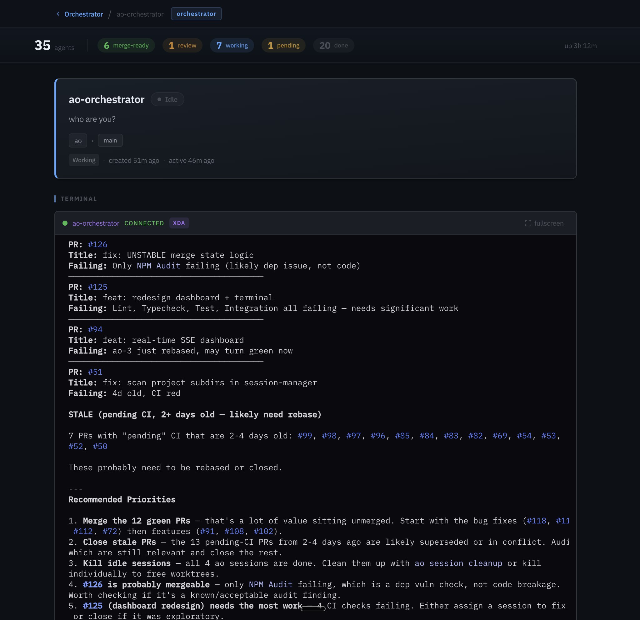 The orchestrator agent analyzing all PRs and recommending priorities